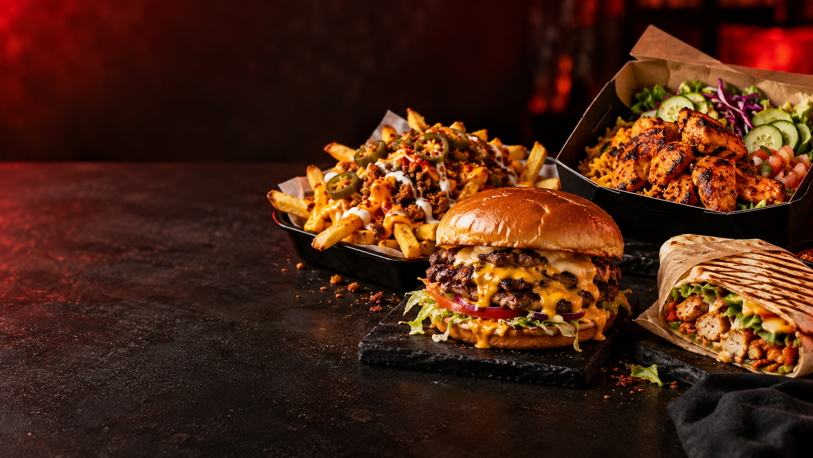 Crave Box burgers, loaded fries, rice box and wrap